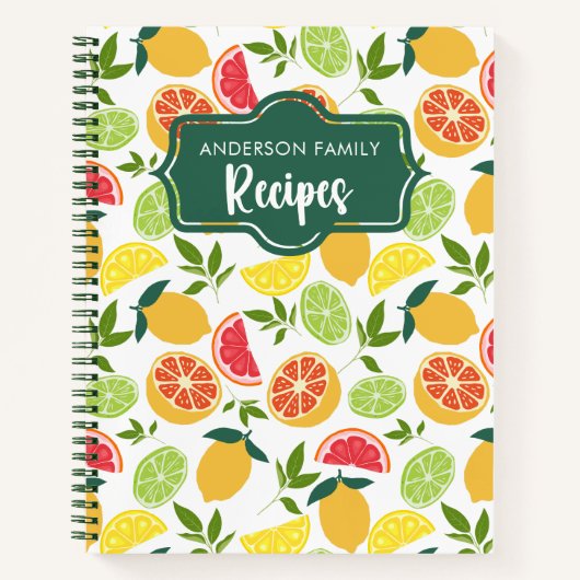 Witte Citrus citroen Sinaasappel Patroon Familie R Notitieboek (Voorkant)