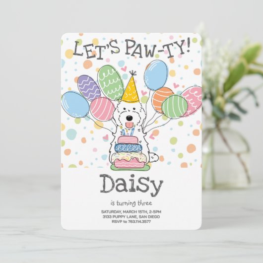 Witte Cockapoo Cavapoo Hond Verjaardagsfeest Kaart (Staand voorkant)