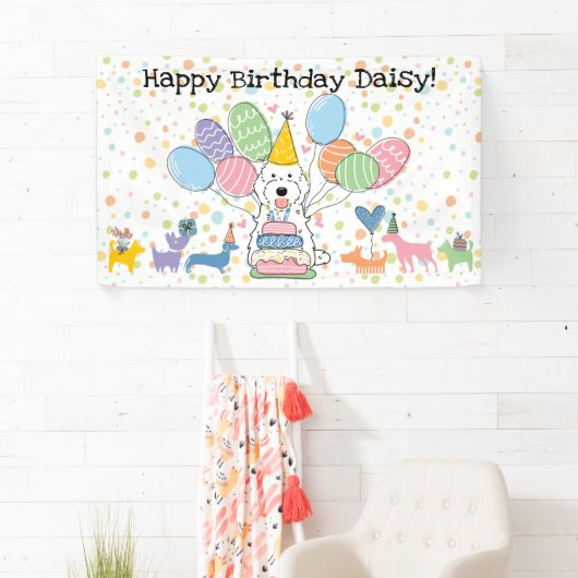 Witte Cockapoo Cavapoo Hond Verjaardagsfeestje Spandoek (Insitu)