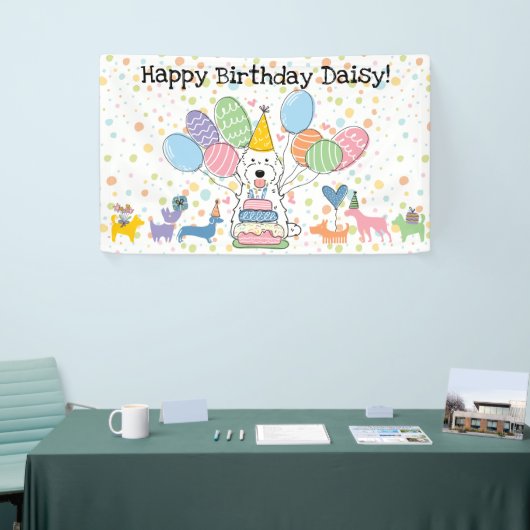 Witte Cockapoo Cavapoo Hond Verjaardagsfeestje Spandoek (Beurs)