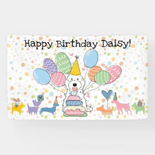 Witte Cockapoo Cavapoo Hond Verjaardagsfeestje Spandoek (Horizontaal)