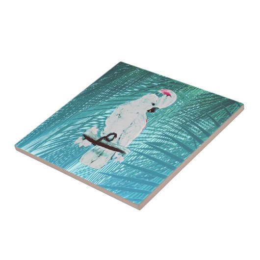 Witte cockatotropische palmbladeren tegeltje (Zijkant)