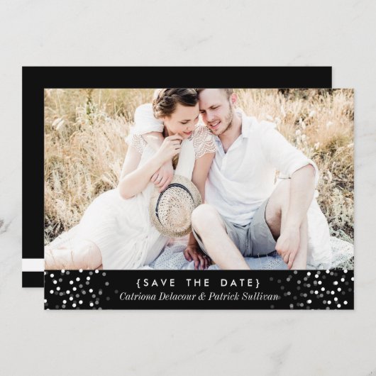 WITTE CONFETTI FOTO BEWAAR DE DATUMAANKONDIGING KAART (Voorkant / Achterkant)