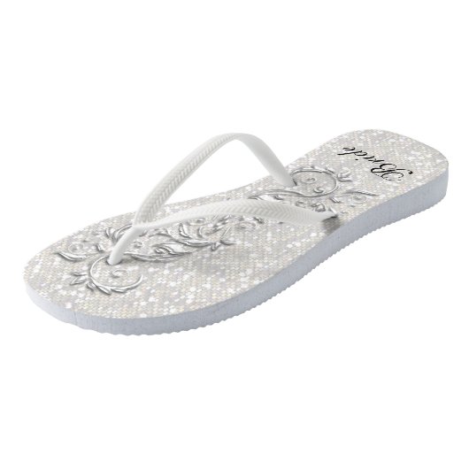 Witte Confetti Glitter & Wit Metallic | Bruid Teenslippers (Schuin)