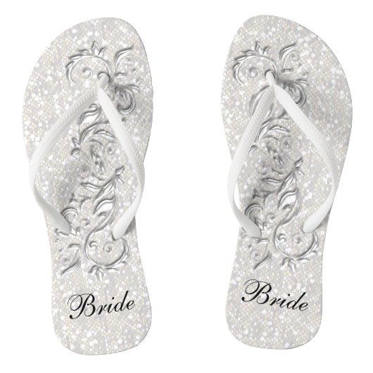 Witte Confetti Glitter & Wit Metallic | Bruid Teenslippers (Voetbed)