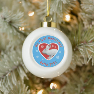 Witte Continentaal Reuzenkonijn Eerste Kerstmis Ma Keramische Bal Ornament
