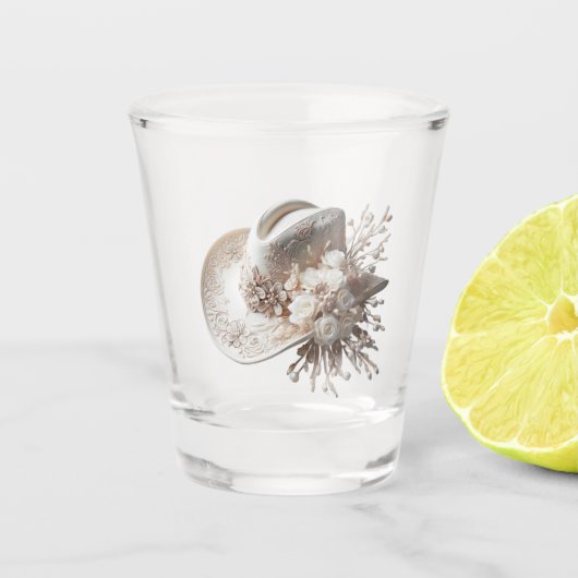 Witte Cowgirl Pet met bloemen Shot Glas (Voorkant)