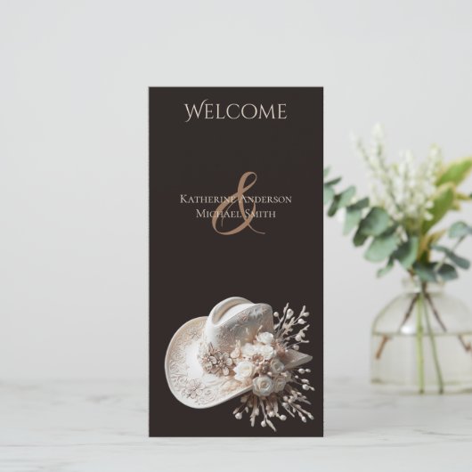 Witte Cowgirl Pet met Bloemen Wedding Programma (Staand voorkant)