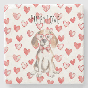 Witte Crème Beagle Hond Rode Hart Bril Stenen Onderzetter