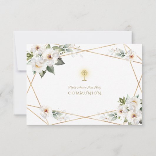 Witte Crème Bloem Goud Meisje Eerste Heilige Commu Bedankkaart (Achterkant)