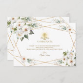 Witte Crème Bloem Goud Meisje Eerste Heilige Commu Bedankkaart (Voorkant / Achterkant)