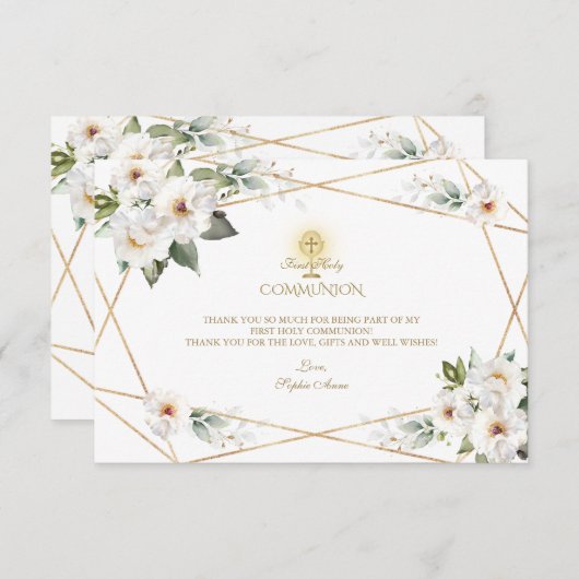 Witte Crème Bloem Goud Meisje Eerste Heilige Commu Bedankkaart (Voorkant / Achterkant)