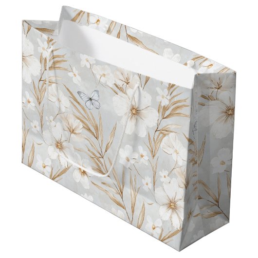 Witte Crème Bloemen Blauwe Vlinders Bruidsdouche Groot Cadeauzakje (Voorkant Gekanteld)