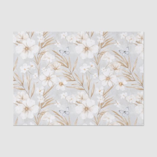 Witte Crème Bloemen Blauwe Vlinders Bruidsdouche Tissuepapier (Voorkant)