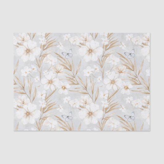 Witte Crème Bloemen Blauwe Vlinders Bruidsfeest Tissuepapier (Voorkant)