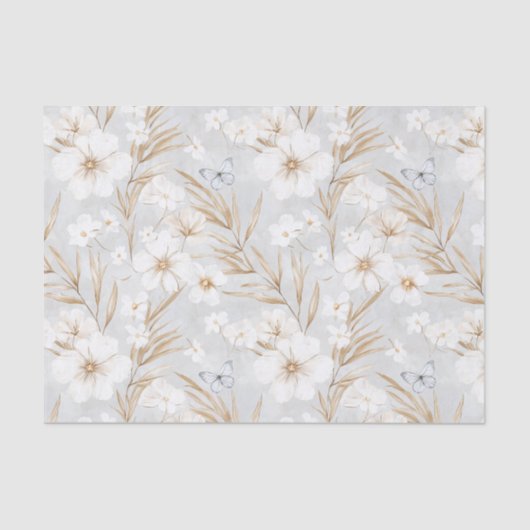 Witte Crème Bloemen Blauwe Vlinders Bruidsmeisjesf Tissuepapier (Voorkant)