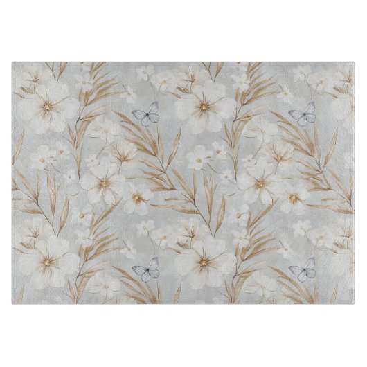 Witte Crème Bloemen Blauwe Vlinders Bruiloft Borre Snijplank (Voorkant)