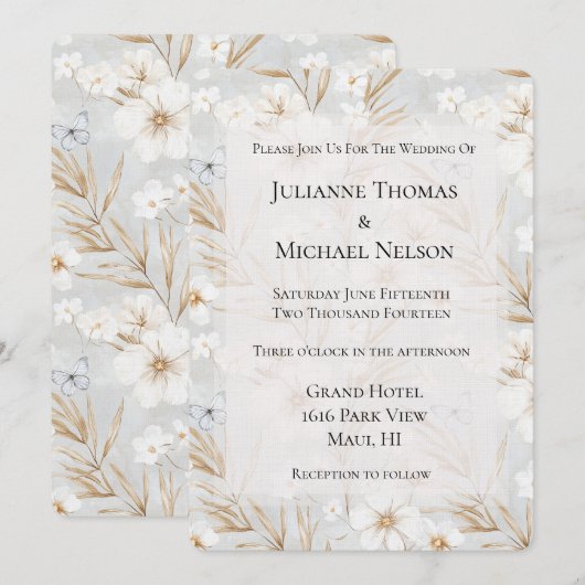 Witte Crème Bloemen Blauwe Vlinders Trouwen Kaart (Voorkant / Achterkant)