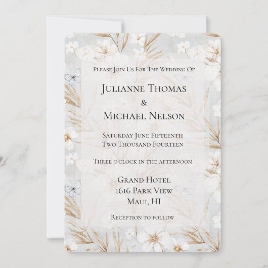 Witte Crème Bloemen Blauwe Vlinders Trouwen Kaart (Voorkant)