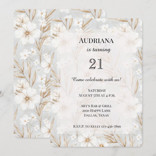 Witte Crème Bloemen Blauwe Vlinders Verjaardag Kaart (Voorkant / Achterkant)