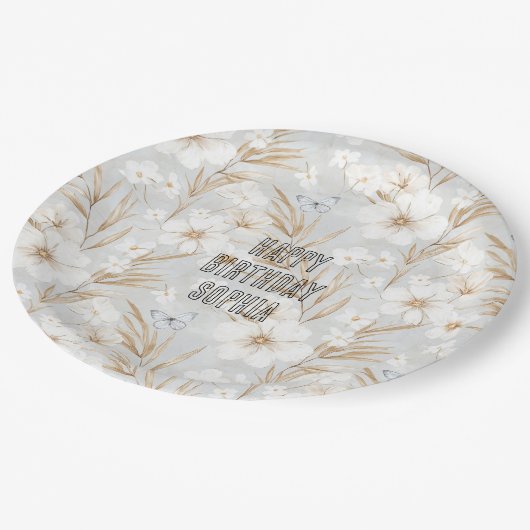 Witte Crème Bloemen Blauwe Vlinders Verjaardag Papieren Bordje (Gekanteld)