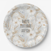 Witte Crème Bloemen Blauwe Vlinders Verjaardag Papieren Bordje (Voorkant)