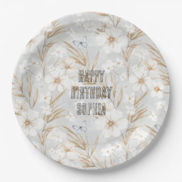 Witte Crème Bloemen Blauwe Vlinders Verjaardag Papieren Bordje