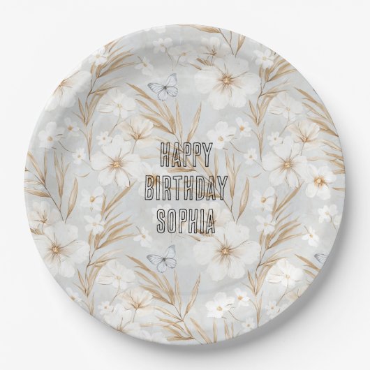 Witte Crème Bloemen Blauwe Vlinders Verjaardag Papieren Bordje (Voorkant)