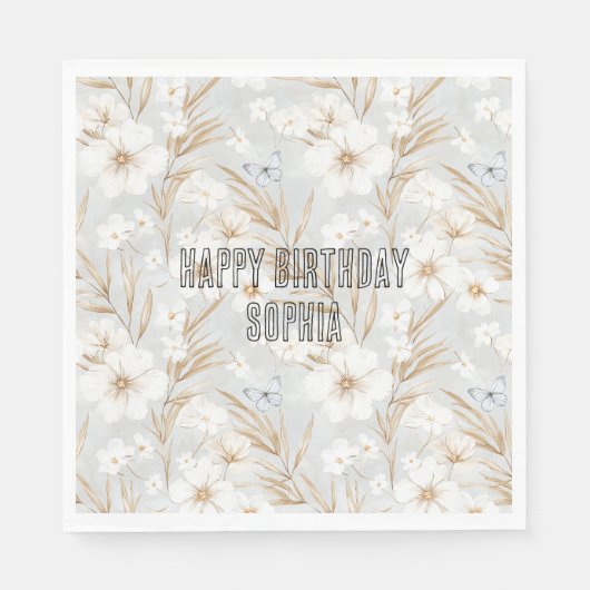 Witte Crème Bloemen Blauwe Vlinders Verjaardag Servet (Voorkant)