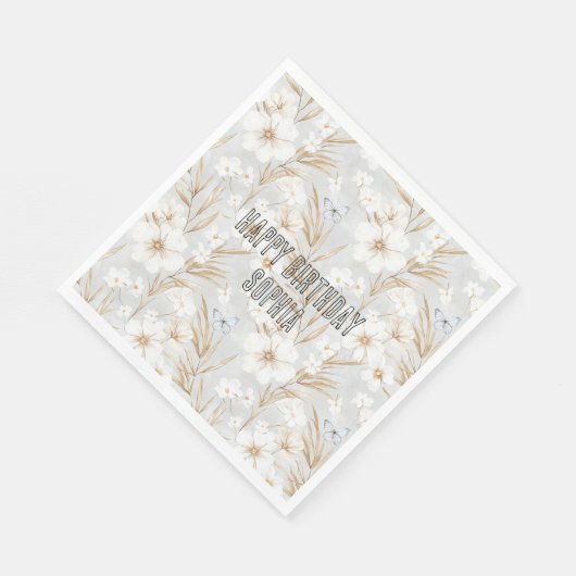 Witte Crème Bloemen Blauwe Vlinders Verjaardag Servet (Hoek)