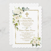 Witte Crème Bloemen Goud Eerste Heilige Communie Kaart (Voorkant / Achterkant)
