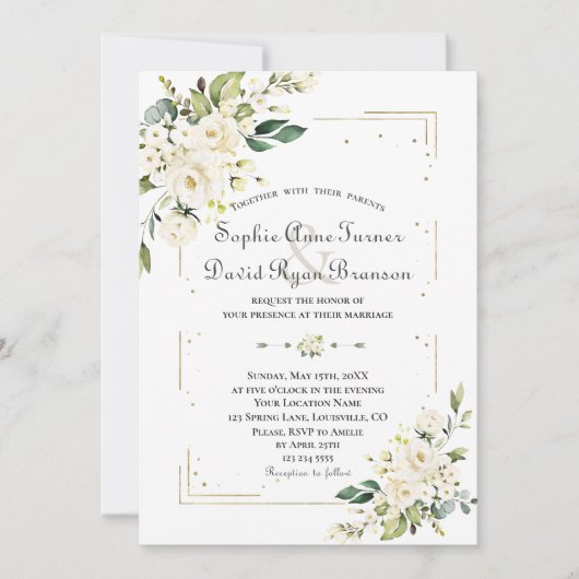Witte Crème Bloemen Gouden Glitter Frame Bruiloft Kaart (Voorkant)