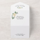 Witte crème bloemig op zwart elegante bruiloft all in one uitnodiging (Buitenkant)