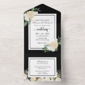 Witte crème bloemig op zwart elegante bruiloft all in one uitnodiging (Binnen)