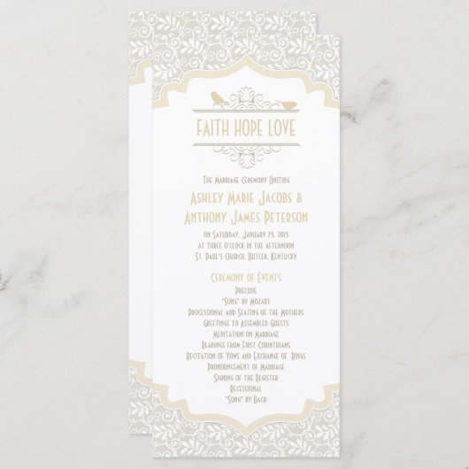 Witte Crème Champagne Kant Vogels Trouwprogramma Programmakaart (Voorkant / Achterkant)