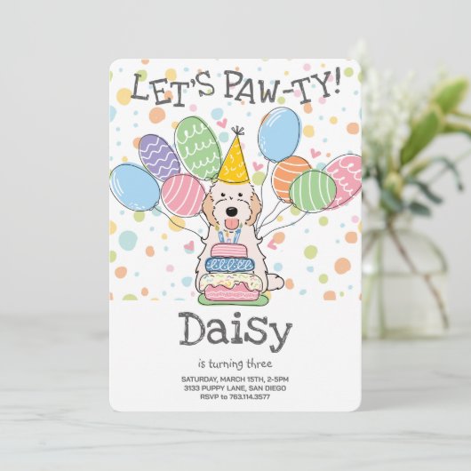 Witte Crème Cockapoo Cavapoo Hond Verjaardagsfeest Kaart (Staand voorkant)