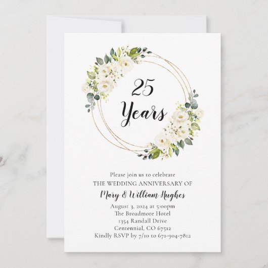 Witte Crème Floral 25e bruiloft Jubileum Kaart (Voorkant)