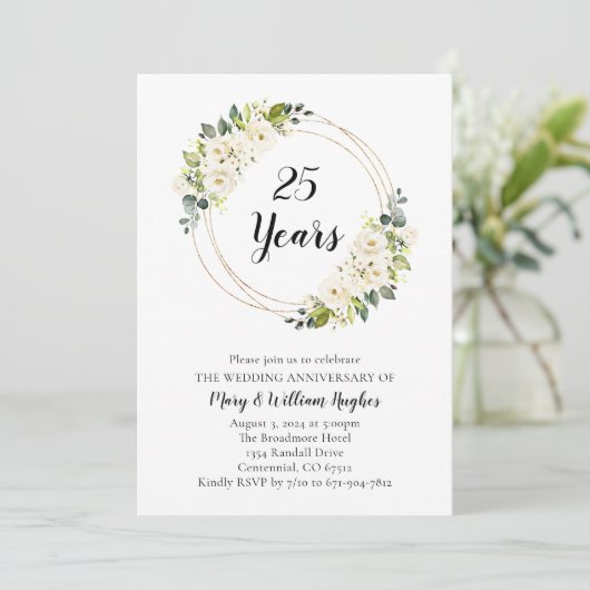 Witte Crème Floral 25e bruiloft Jubileum Kaart (Staand voorkant)