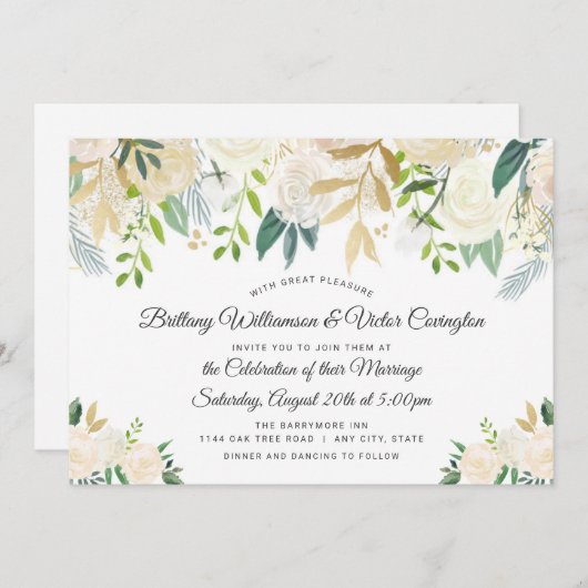 Witte Crème Ivoor Kleur Bloemen- en Groenhuwelijk Kaart (Voorkant / Achterkant)