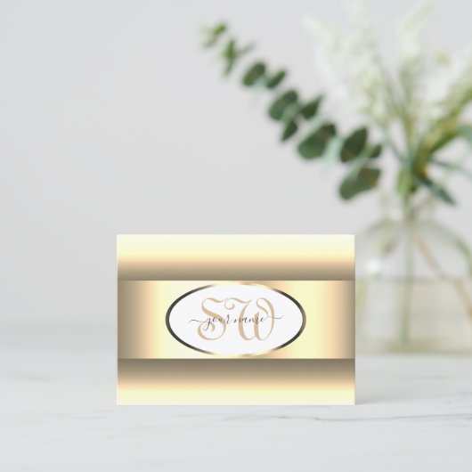 Witte Crème Ombre Initialen Licht Goud Decor Rand Visitekaartje (Staand voorkant)