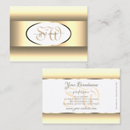 Witte Crème Ombre Initialen Licht Goud Decor Rand Visitekaartje (Voorkant / Achterkant)