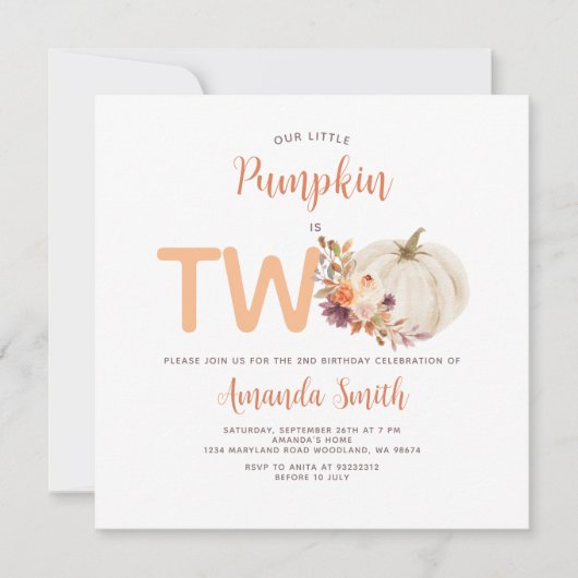 Witte Crème Oranje Pompoen Is Twee Verjaardagsbloe Kaart (Voorkant)