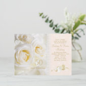Witte crème rozen, harten 50ste huwelijksjubileum kaart (Staand voorkant)