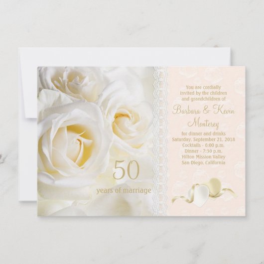 Witte crème rozen, harten 50ste trouwdag kaart (Voorkant)