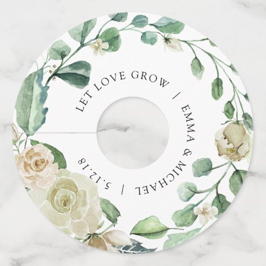 Witte Crème Vintage Waterverf Bloemen Wijnglaslabel (Voorkant)