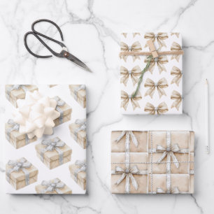 Witte Crème Zilveren Glitter Strikken Cadeaus Kers Inpakpapier Vel