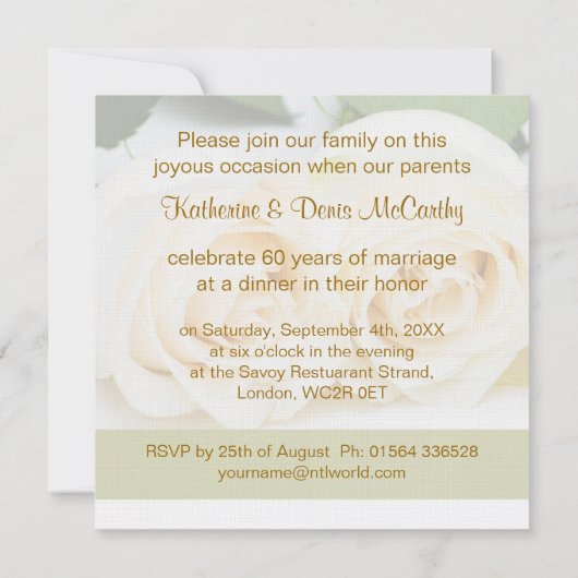 Witte crèmekleurige rozen, 60ste trouwdagjubileum kaart (Achterkant)