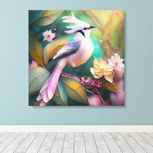 Witte Crested Blush Tail Jay Fantasy Bird Canvas Afdruk (Insitu (Houten vloer))