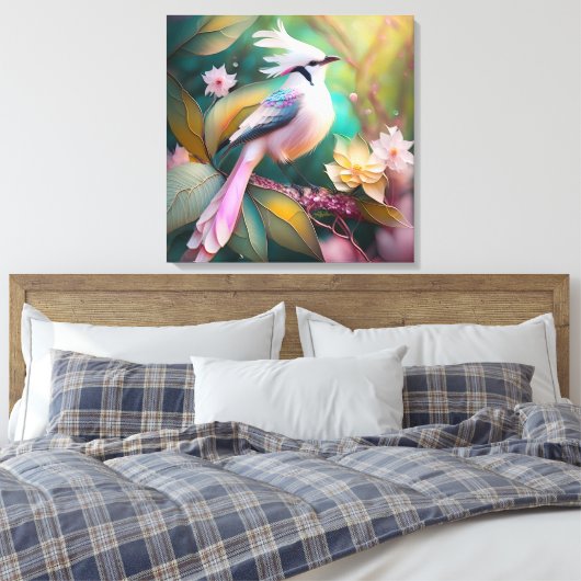 Witte Crested Blush Tail Jay Fantasy Bird Canvas Afdruk (Insitu (Slaapkamer))