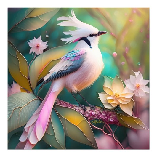 Witte Crested Blush Tail Jay Fantasy Bird Foto Afdruk (Voorkant)